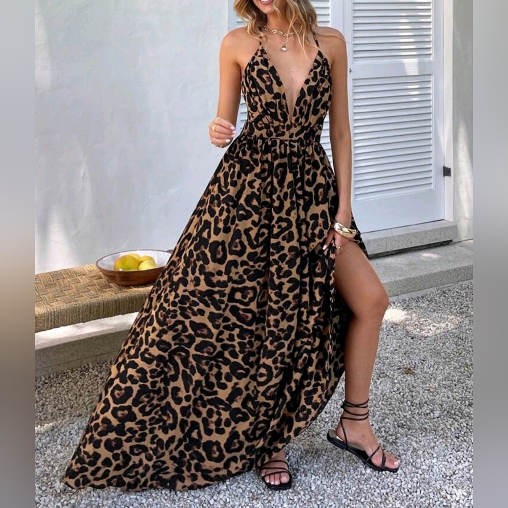 New Flowy Boho Leopard Print Maxi Dress Plunge V Neck Halter Long Black Brown - Picture 3 of 11